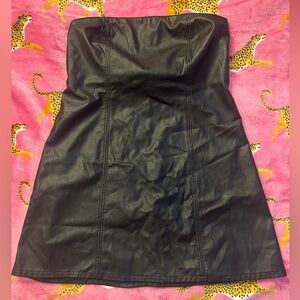 Black faux leather strapless dress